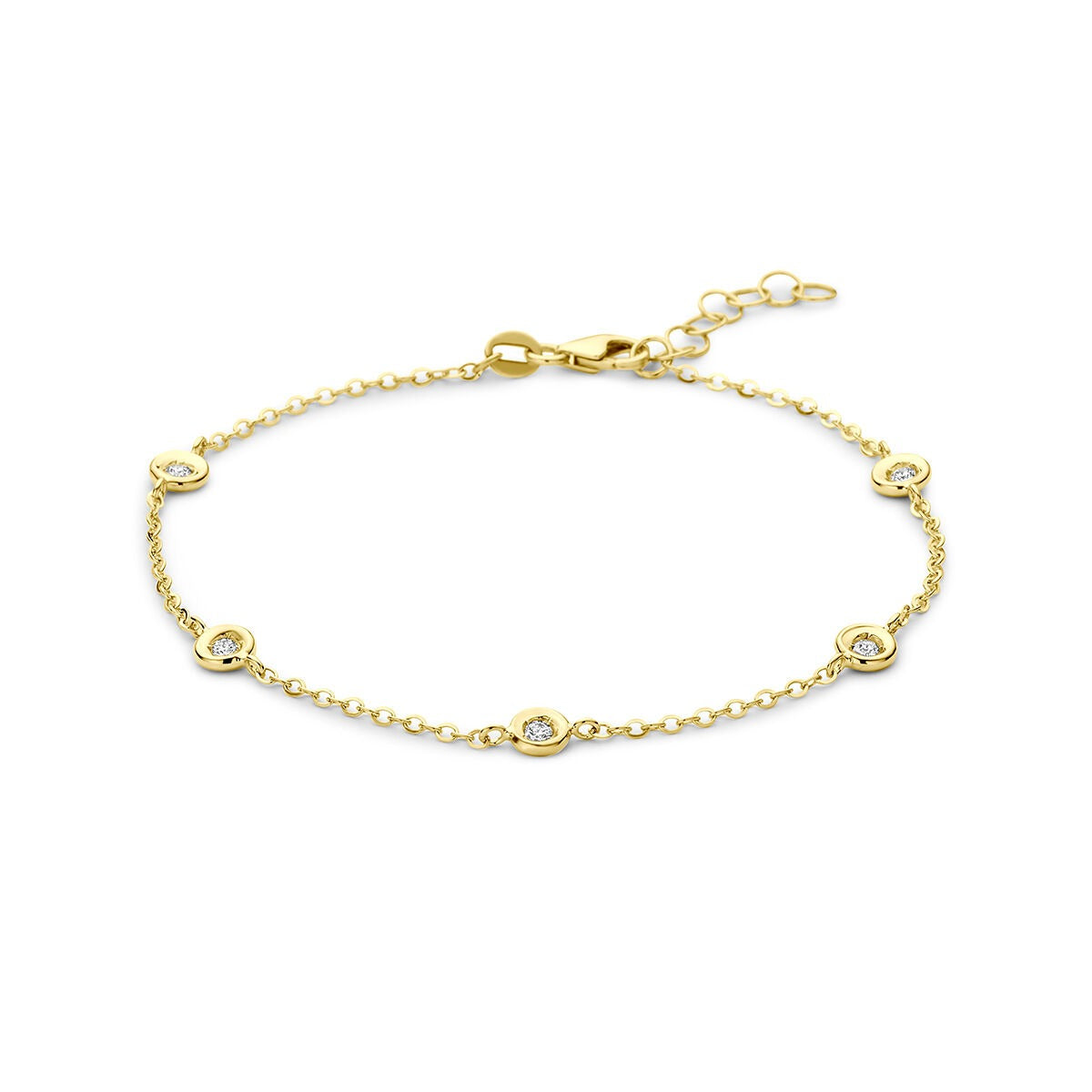 14k gelbgoldene Armband mit fünf Diamanten, insgesamt 0,15 ct, feine Gliederkette