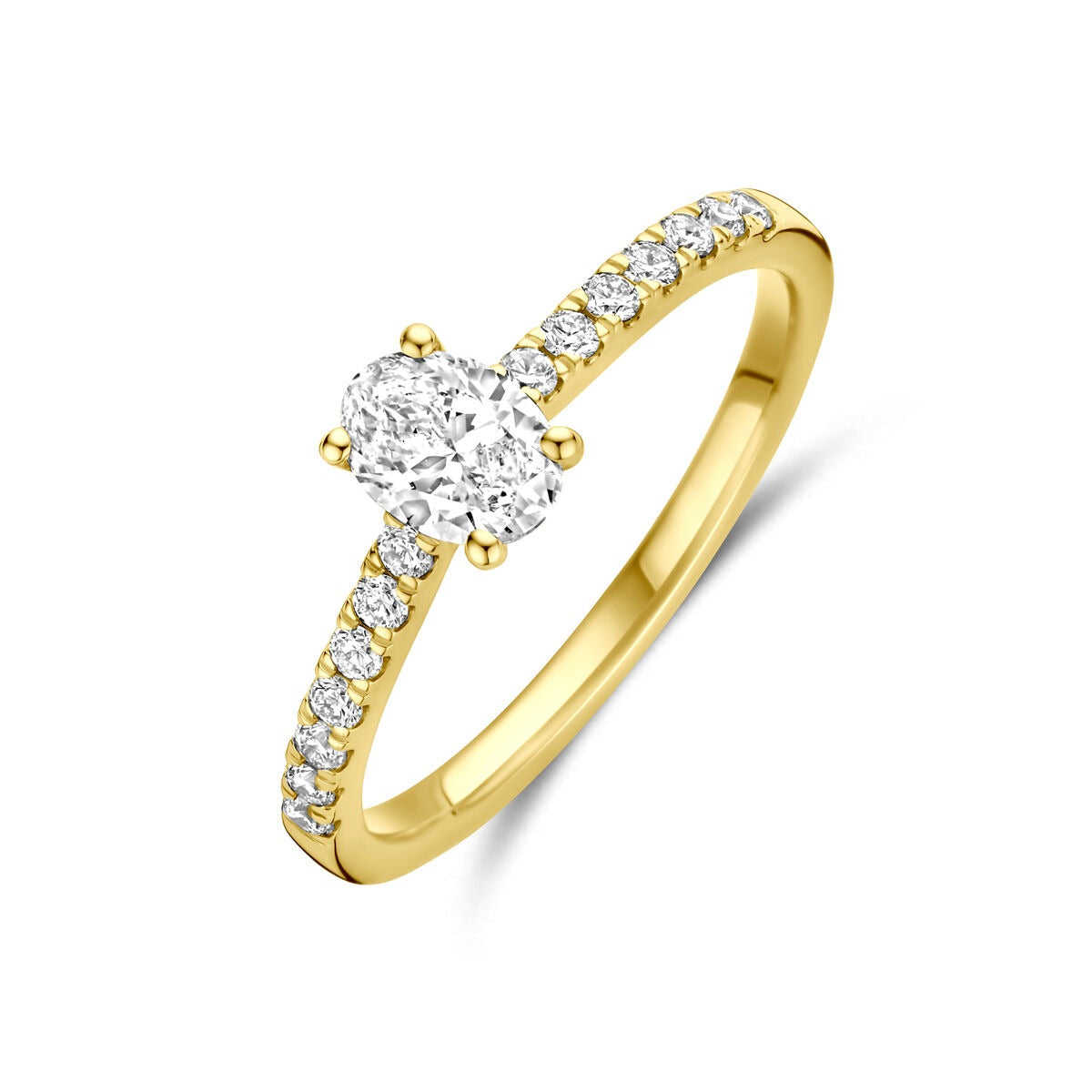Ring aus 14 Karat Gold mit ovalem, lab-grown Diamanten und kleinen, funkelnden Steinen am Band