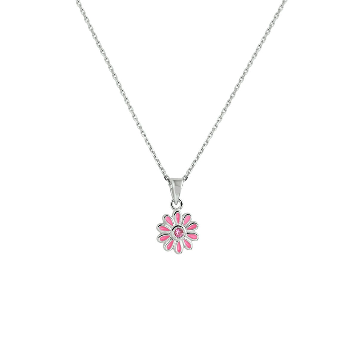 Kinder-Collier aus rhodiniertem 925 Silber mit blühendem Anhänger und rosa Zirkonia