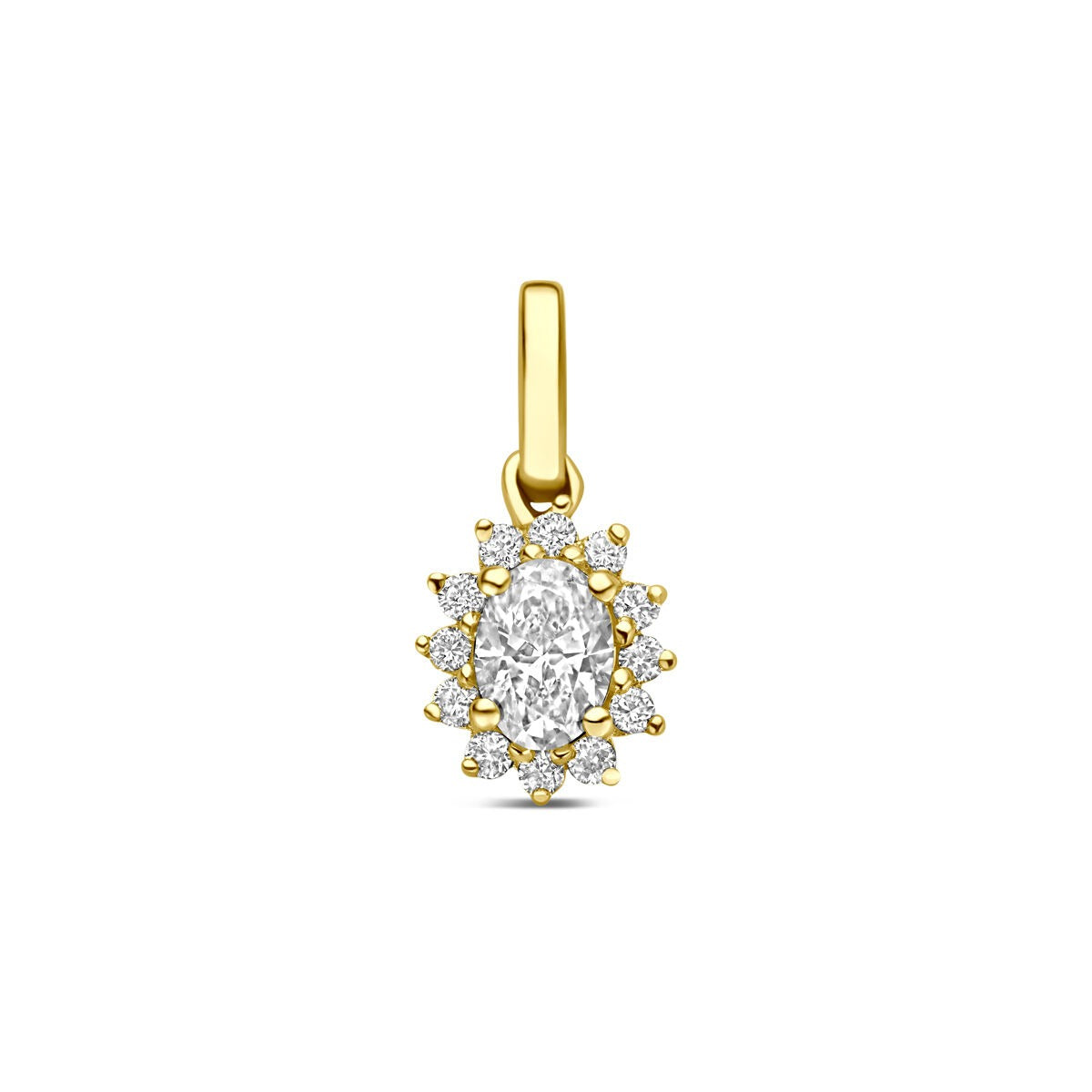 Hänger aus 14k Gelbgold mit ovalem, lab-grown Diamanten und umgebenden kleinen Steinen