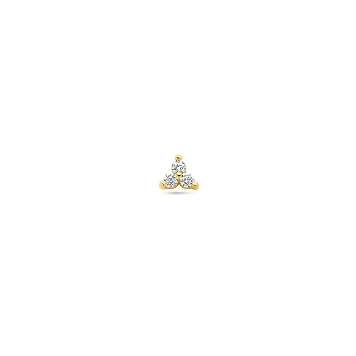 Geelgouden flat back piercing met drie zirkonia's in een driehoekige opstelling.