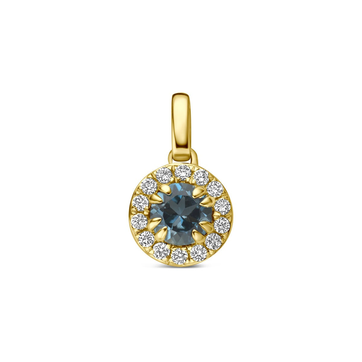Hänger aus 14k Gelbgold mit London Blue Topas und lab-grown Diamanten, rundes Design mit funkelndem Rand