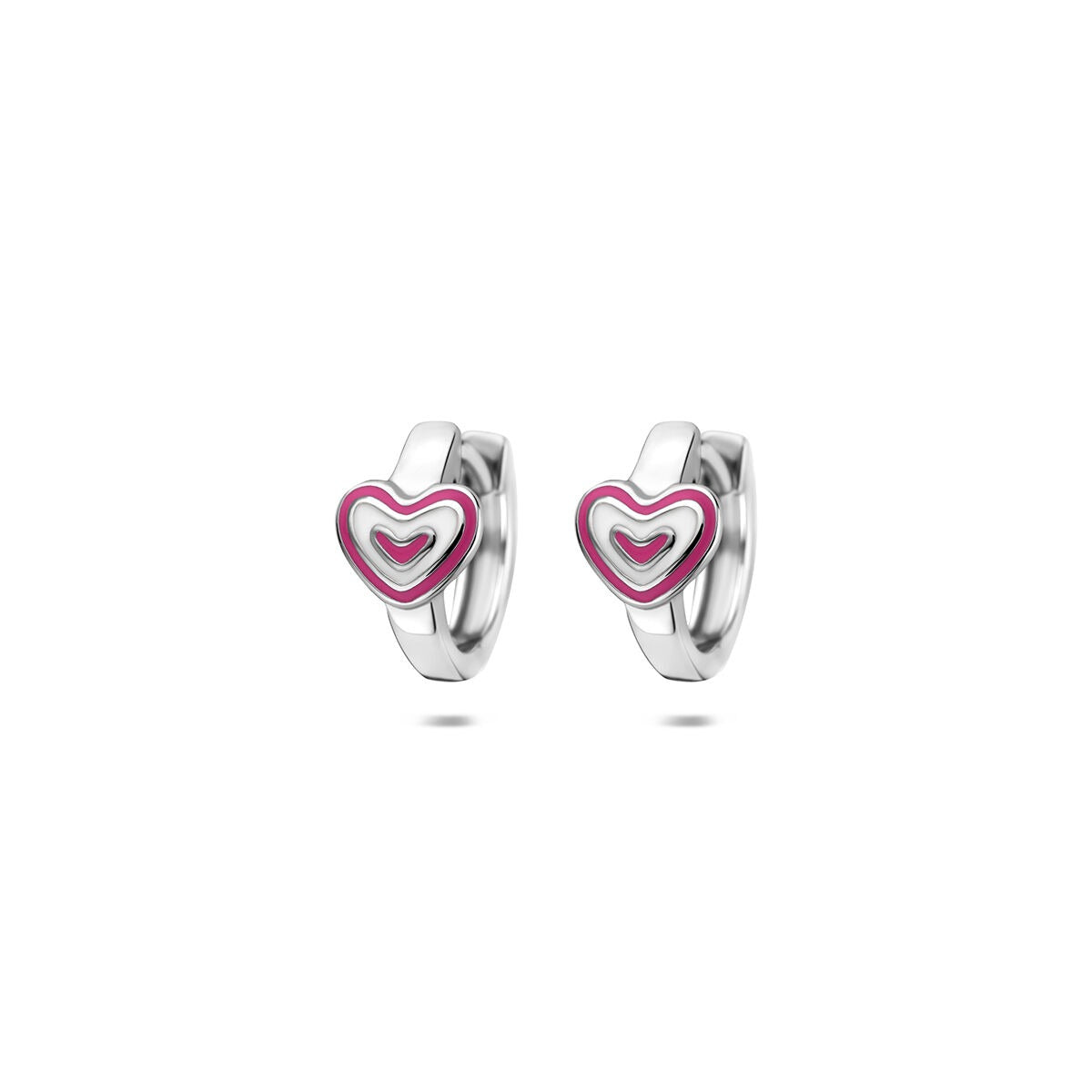 Gerhodinierte Klapp-Ohrringe aus 925 Silber mit emailliertem Herz in Pink und Weiß