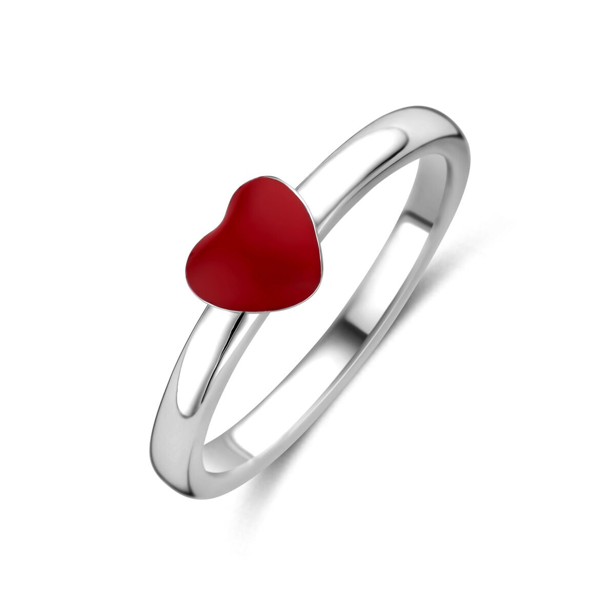 Ring aus rhodiniertem Silber mit rotem Herzchen als Hauptdetail