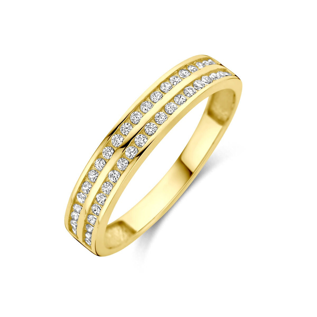 14k Gelbgoldring mit Zirkonia in Alliance-Rijzetting, 3,5 mm breit