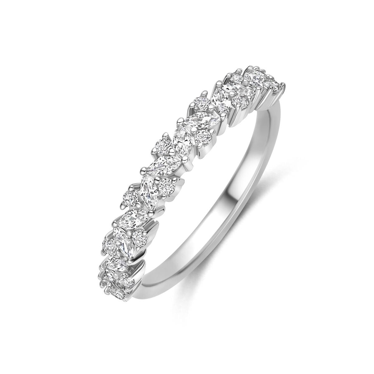 Ring aus rhodiniertem 925 Silber mit Zirkonia, 3,5 mm breit, funkelnde Steine in Reihe angeordnet