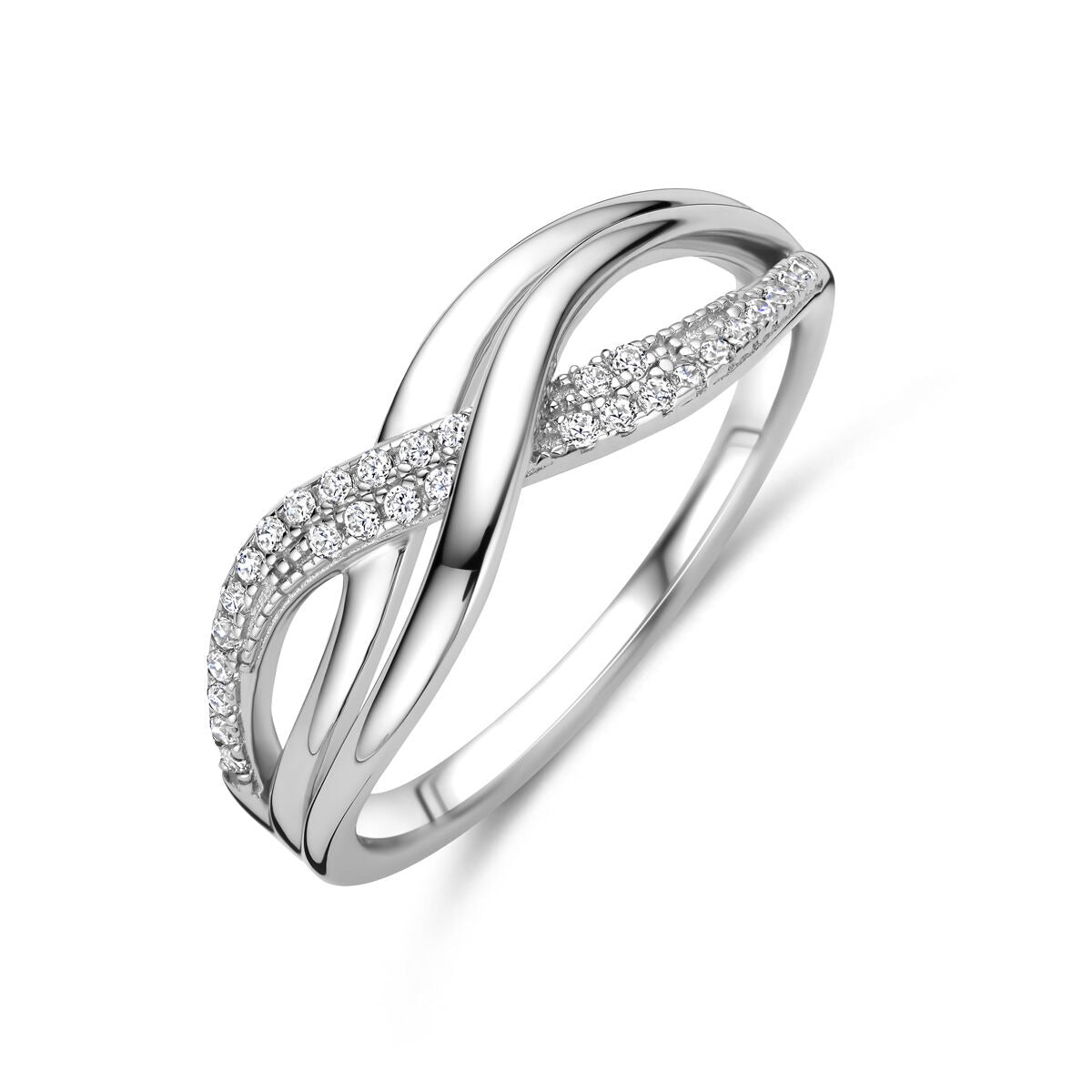 Ring aus rhodiniertem Silber mit Zirkonia, 7 mm breit, in geschwungener Form mit funkelnden Steinen