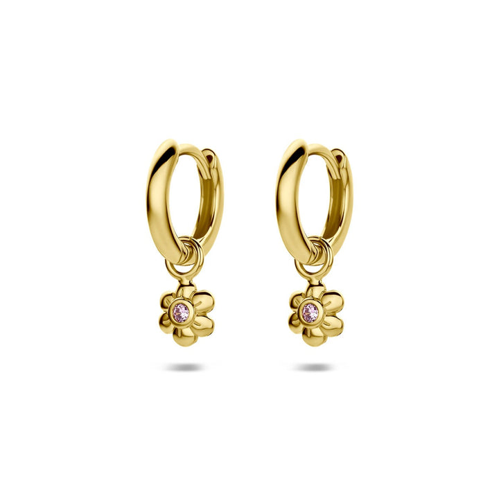 Geelvergulde zilveren kinderklapoorringen met bloem en zirkonia