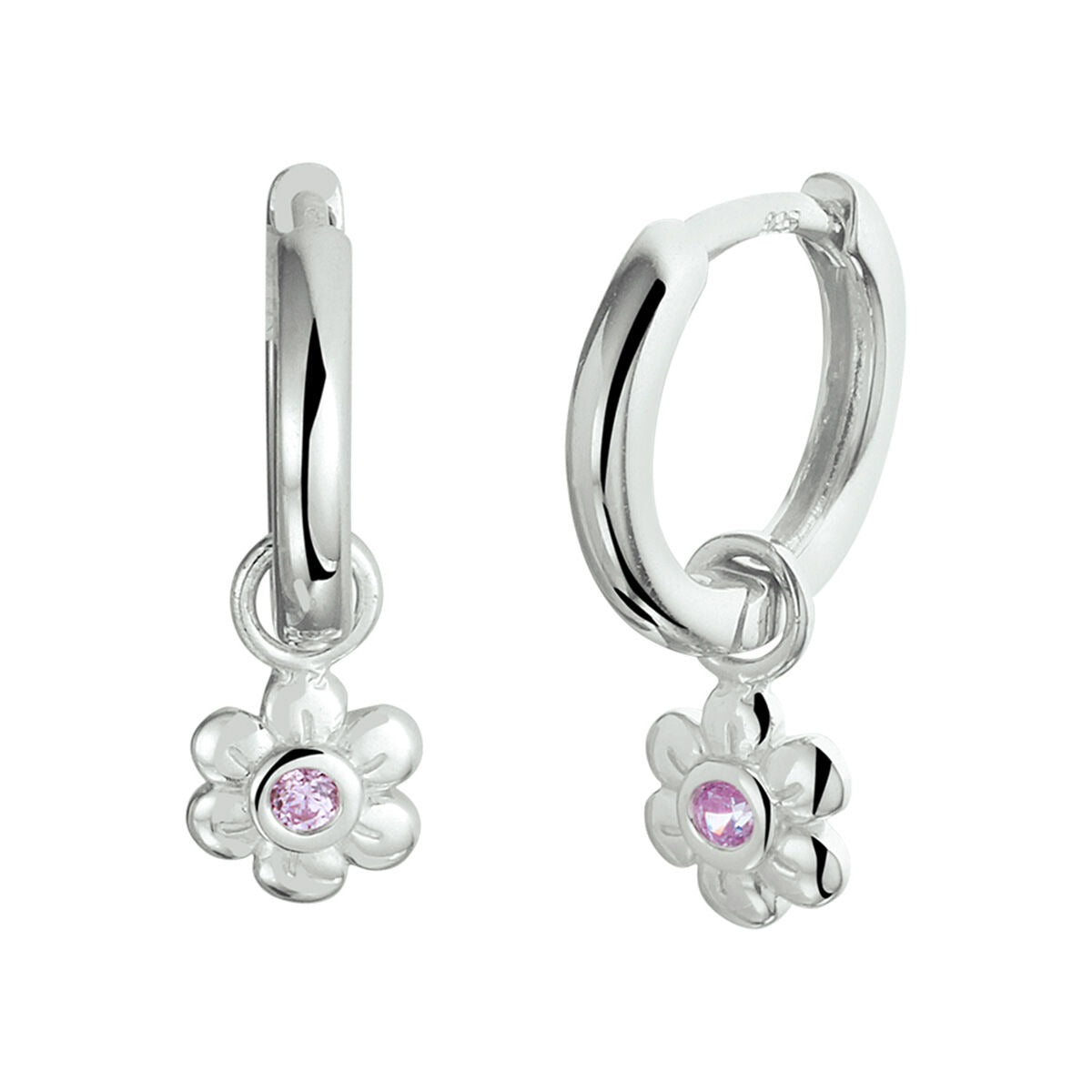 Silberne Kinderohrringe mit Blumenanhänger und rosa Zirkonia