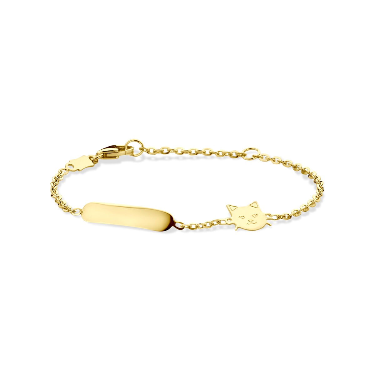 14k gelbgoldene Kinder-Gravurarmband mit Katzenmotiv und ovalem Element, 11 - 13 cm lang