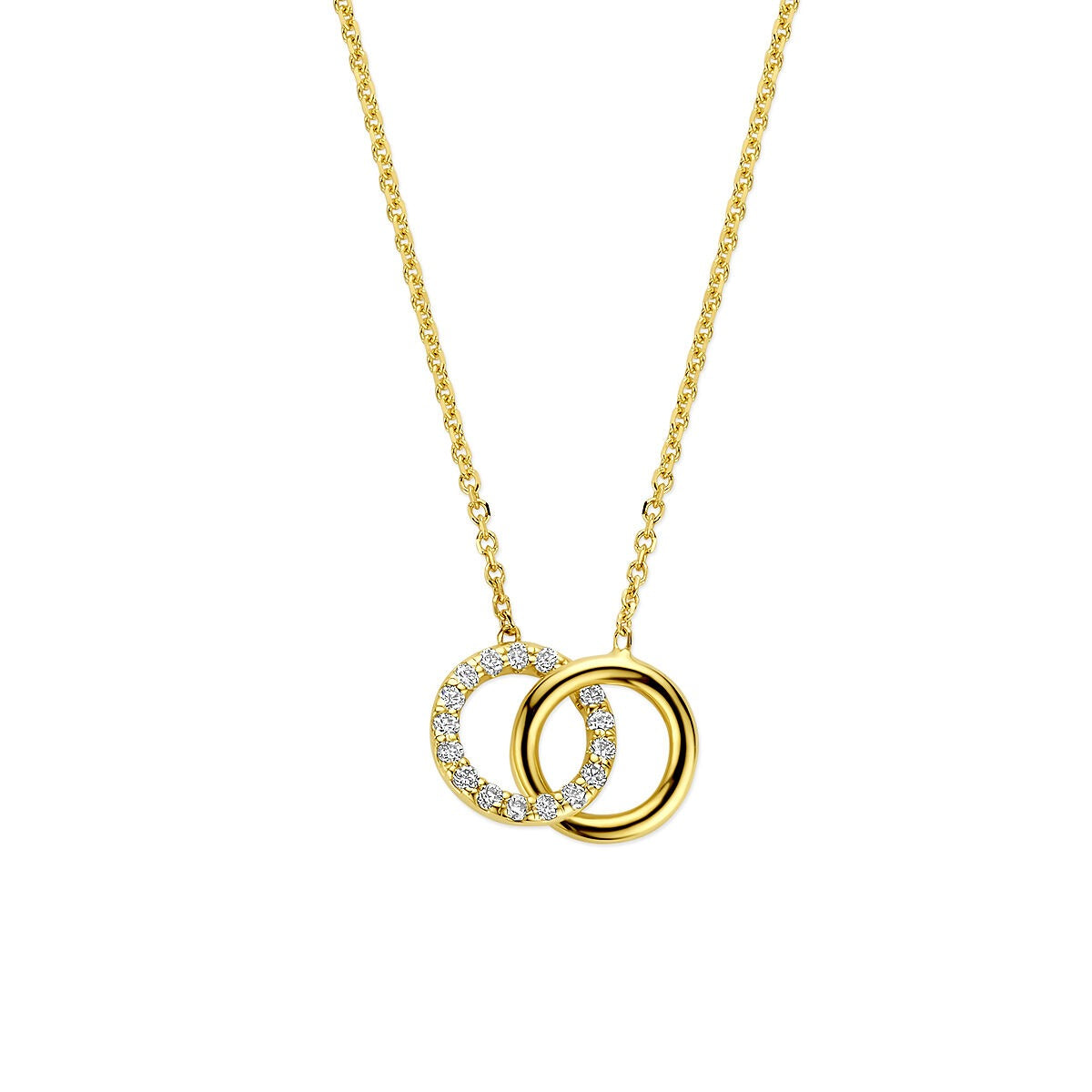 Kette aus 14k Gelbgold mit zwei Ringen, einer mit funkelnden lab-grown Diamanten von 0,09 ct