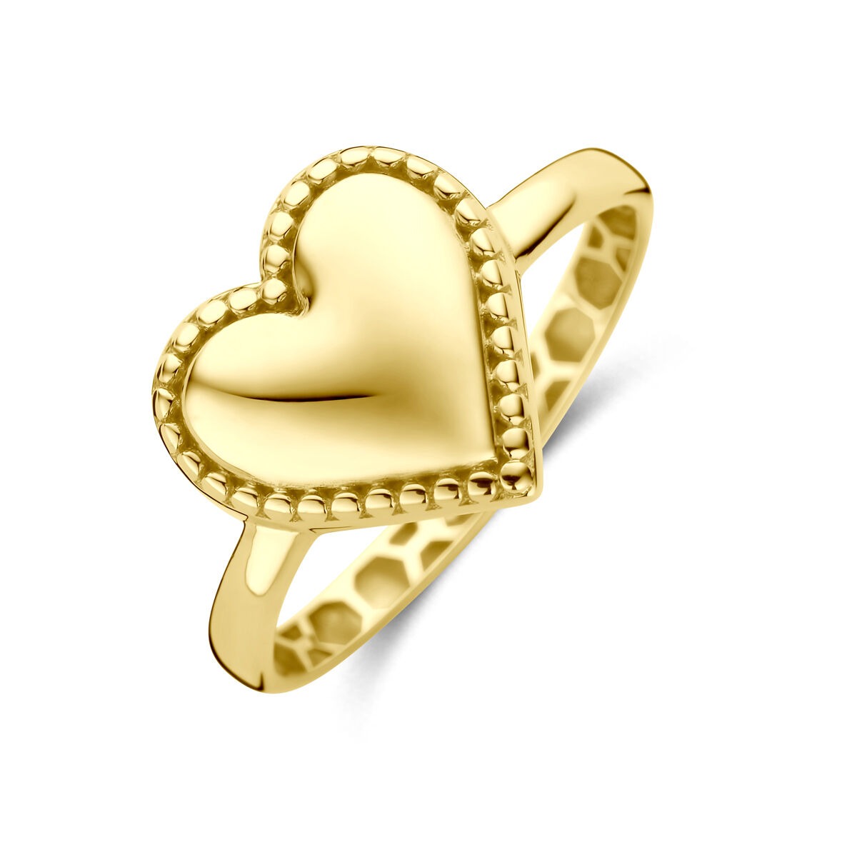 Ring aus 14k Gelbgold mit herzförmigem Design und strukturierter Oberfläche