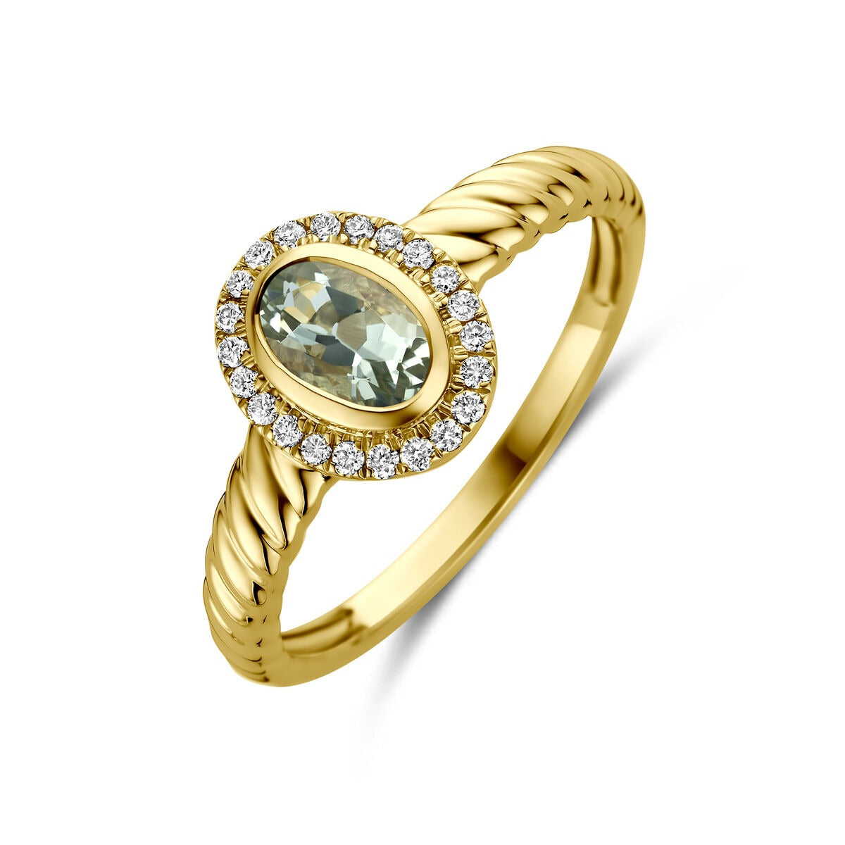 Ring aus 14k Gelbgold mit ovalem, grünem Amethyst und umgeben von kleinen Diamanten