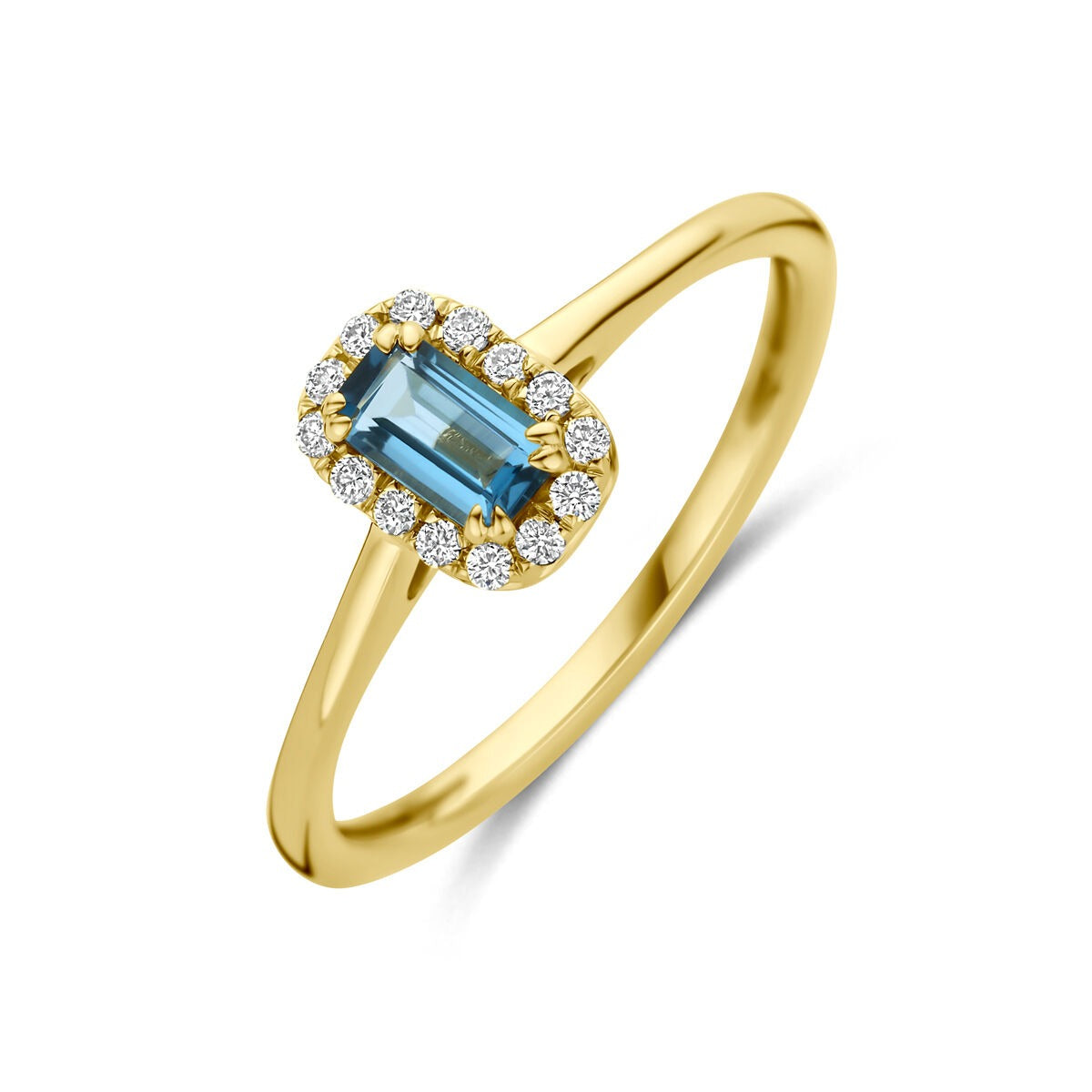 Ring aus 14k Gelbgold mit London Blue Topas und lab-grown Diamanten, ovaler Stein umgeben von kleinen Diamanten