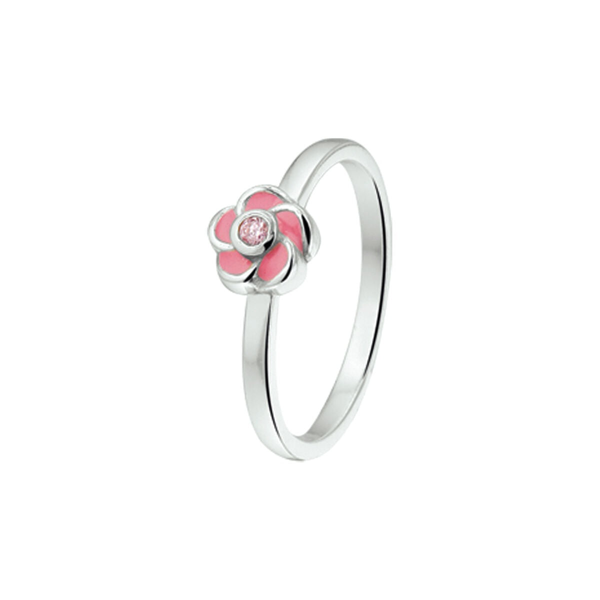 Ring aus rhodiniertem Silber mit einer rosa Emaille-Blüte und pinkem Zirkonia.