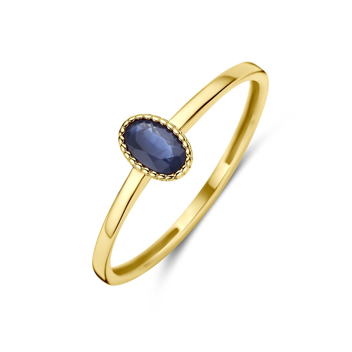 Ring aus 9k Gelbgold mit ovalem, blauen Saphir und feiner Zierkante