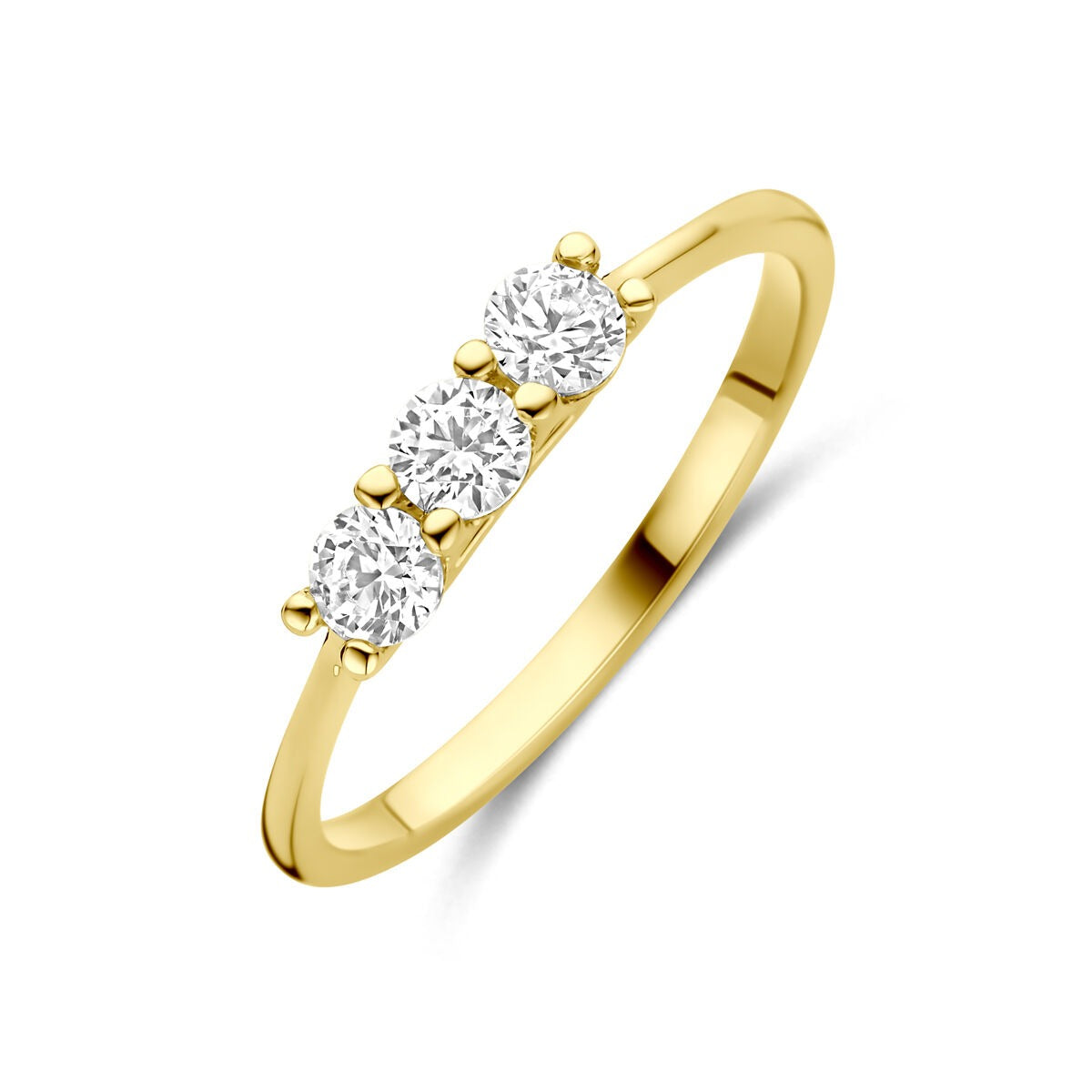 Damenring aus 14k Gelbgold mit drei runden Zirkonia-Steinen in prunkvoller Fassung