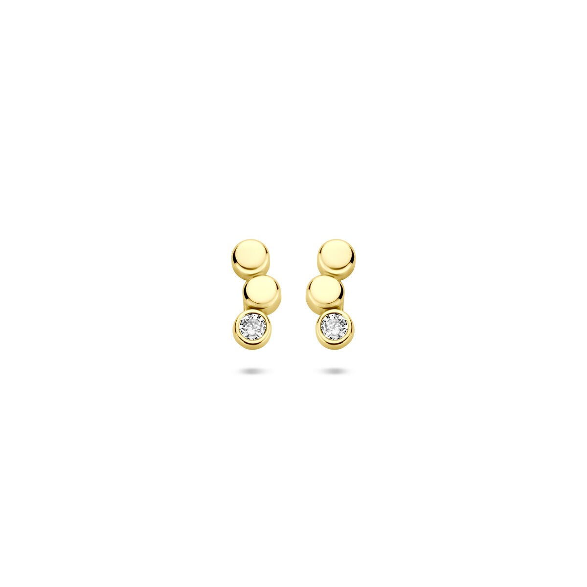 14k Gelbgoldene Ohrstecker mit Zirkonia, 8,5 x 3,5 mm, zwei runde Elemente und ein funkelnder Stein