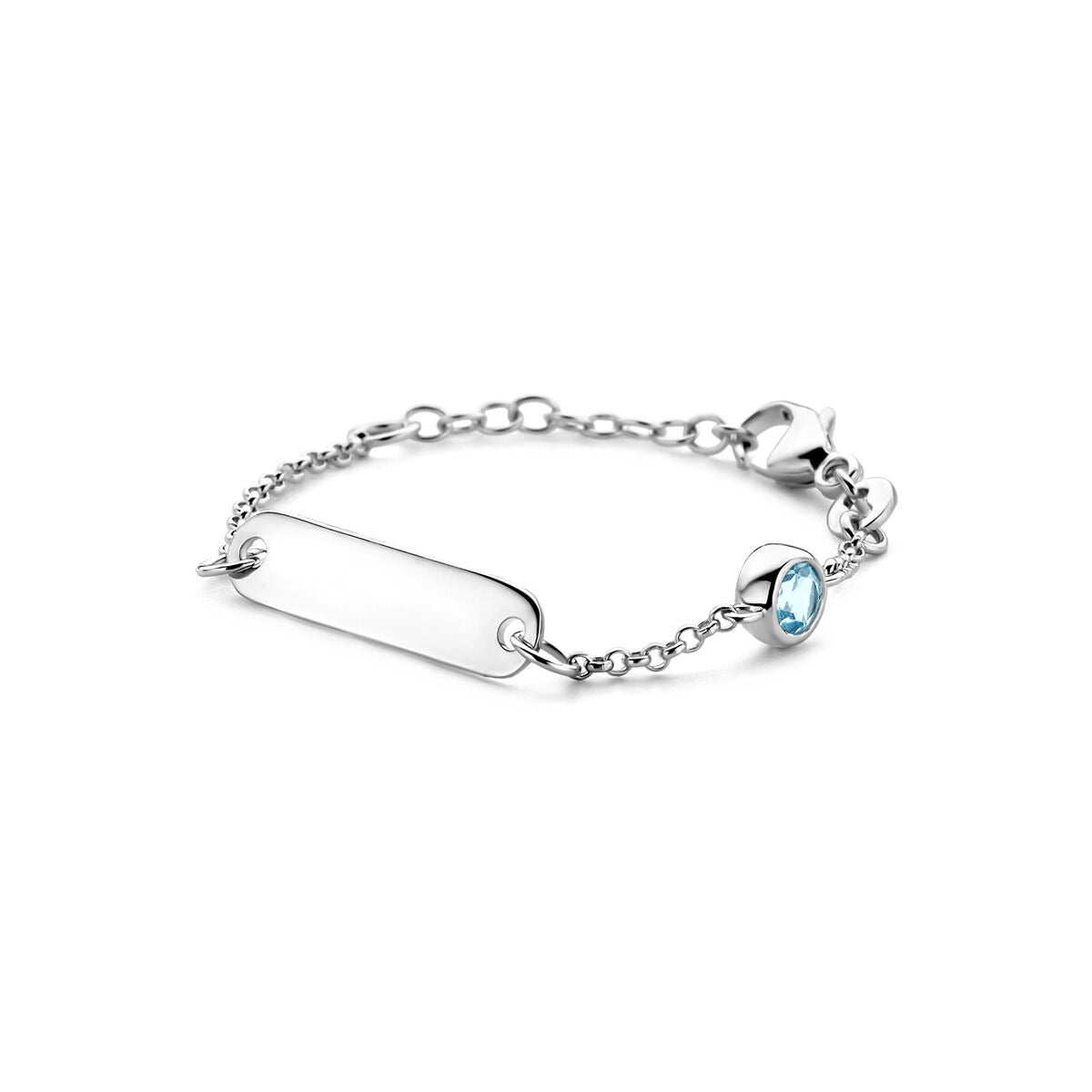 Gravurarmband aus rhodiniertem 925 Silber mit blauem Topas und ovalem Anhänger