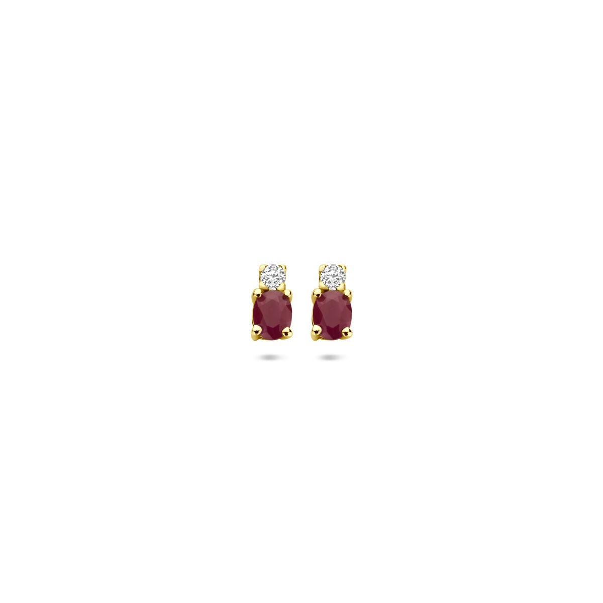 14k gelbgoldene Ohrstecker mit rotem Rubin und Zirkonia, ovaler Form, 6 x 3 mm