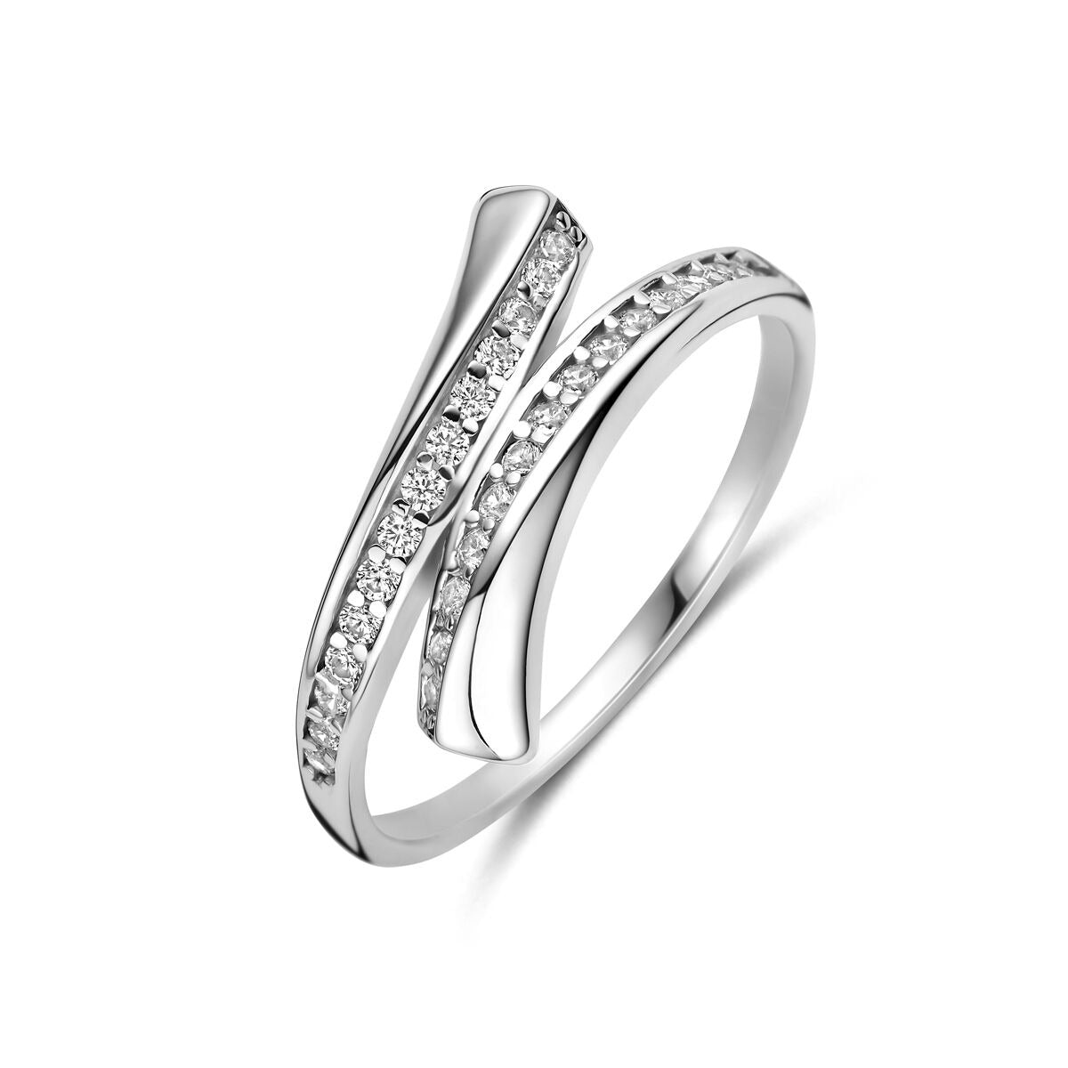 Gerhodinierter 925er Silberring mit Zirkonia, geschwungene Form und funkelnden Steinen