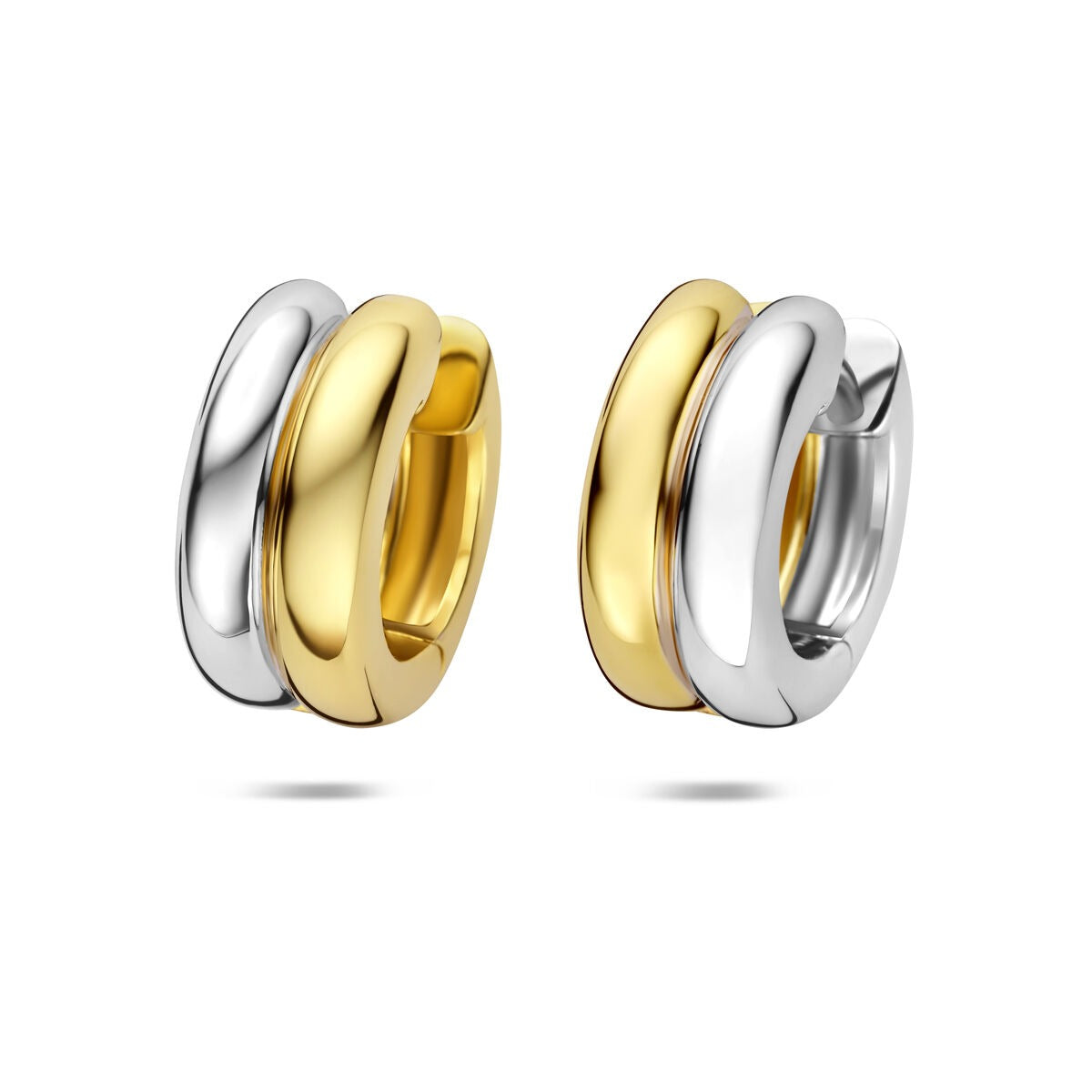 Vergoldete und rhodinierte 925 Silber Klappohrringe mit zwei farbigen Ringen in Silber und Gold