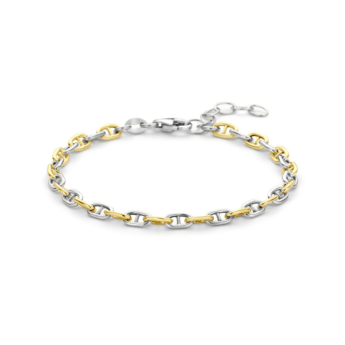 Vergoldetes und rhodiniertes 925 Silberarmband mit alternierenden Gliedern in Silber und Gold