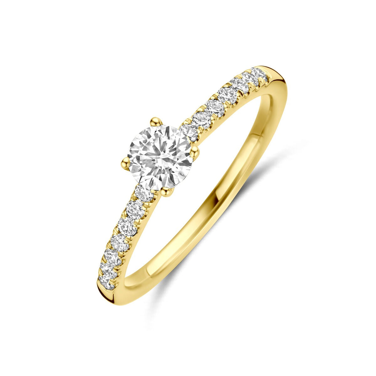 Ring aus 14k Gold mit rundem, lab-grown Diamant und kleinen, funkelnden Steinen am Band