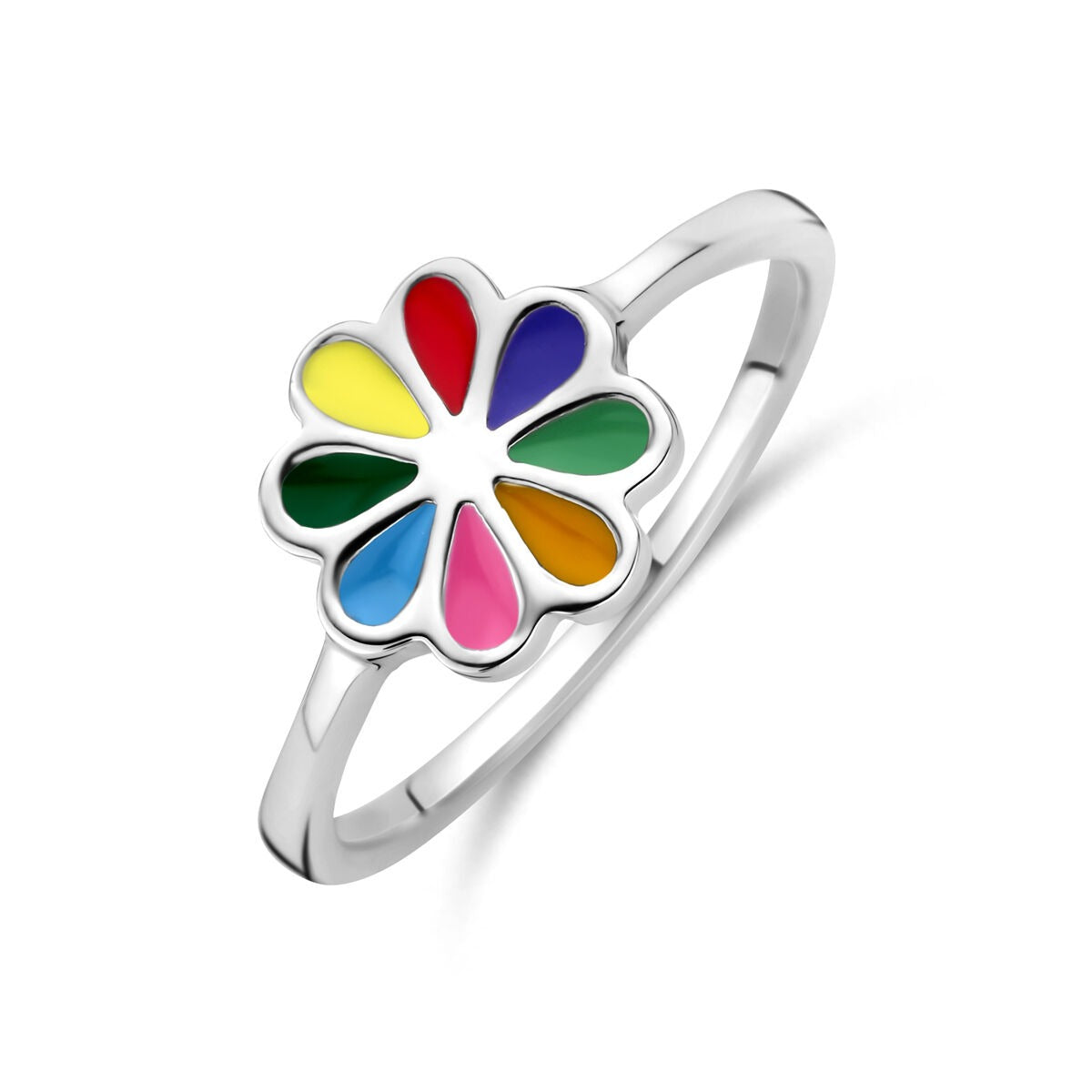 Kinderring aus rhodiniertem Silber mit buntem Emaille-Blumenmotiv