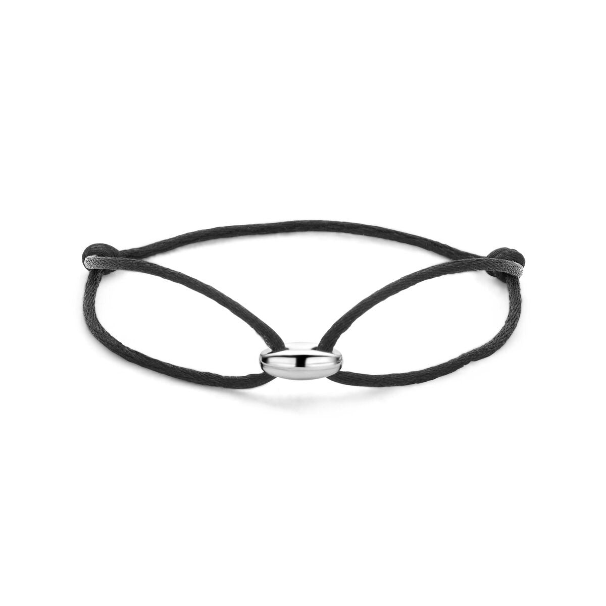 Schwarzes Satin-Armband mit silberner Kaffeebohne in der Mitte