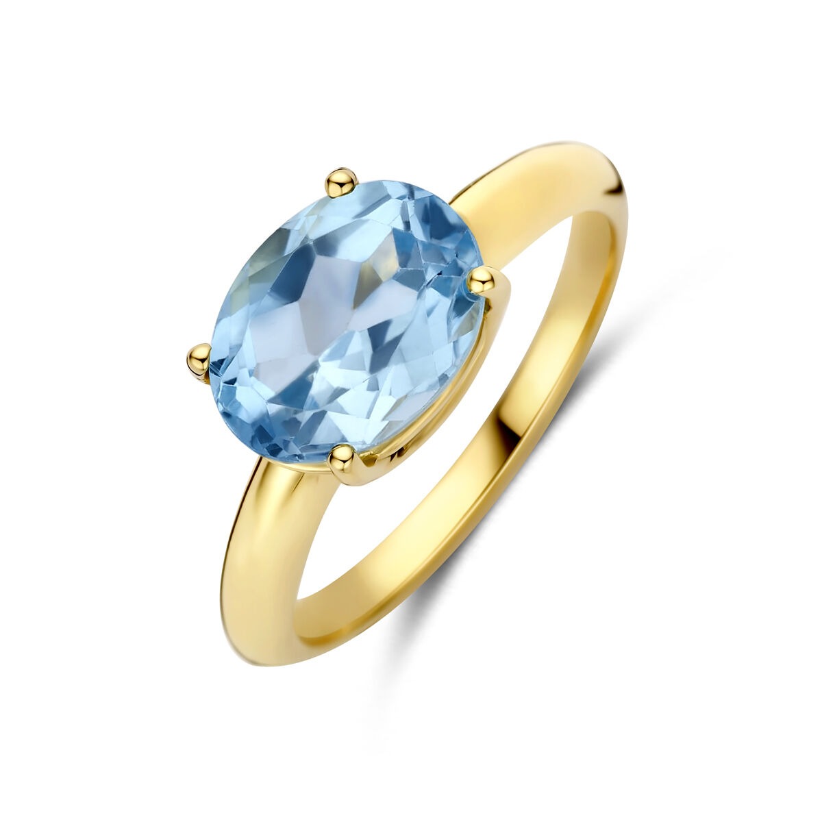 Ring aus 14k Gelbgold mit ovalem, blauem Topas im Kranzsetting
