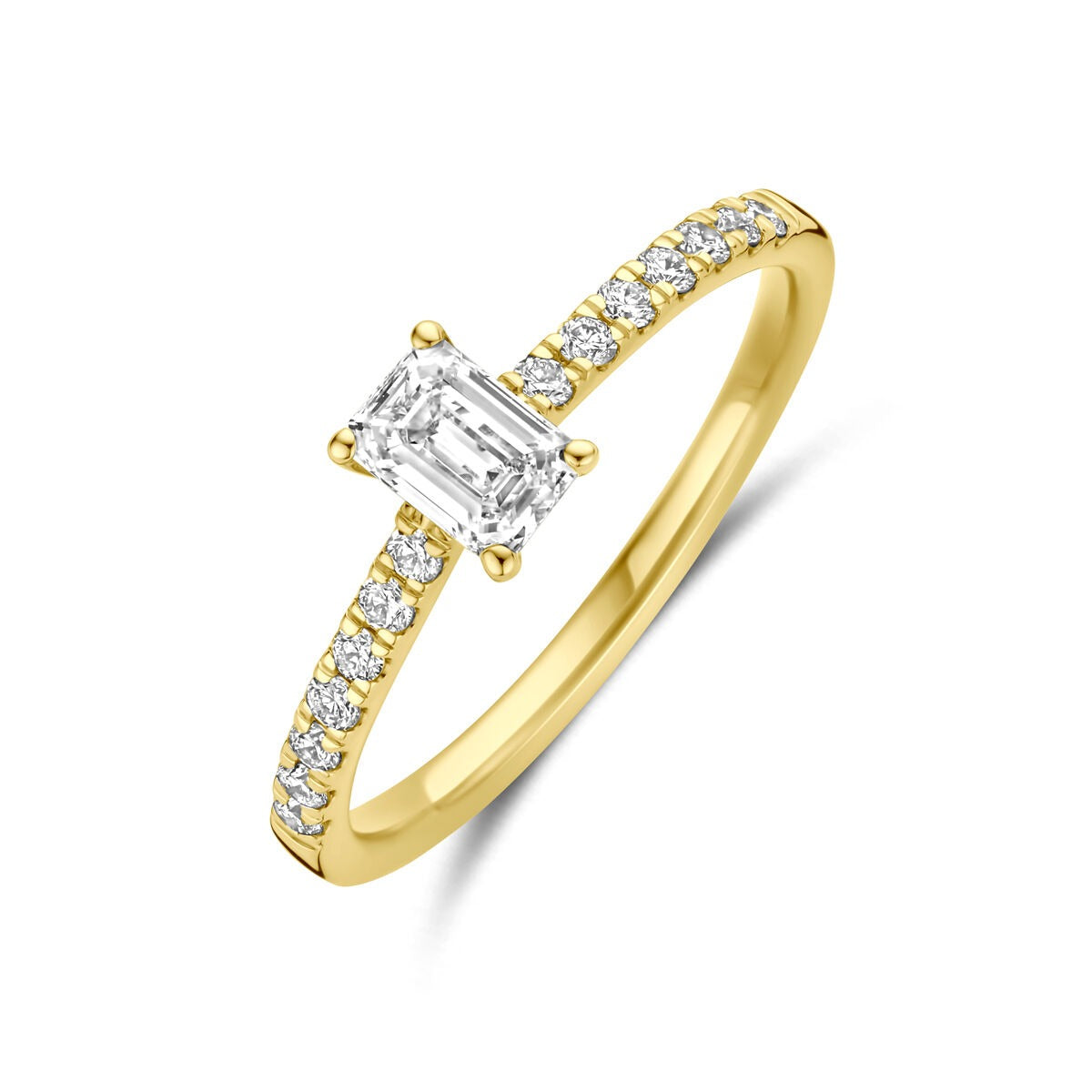 Ring aus 14 Karat Gold mit einem lab-grown Diamanten in Smaragdschliff und kleinen Zirkonia