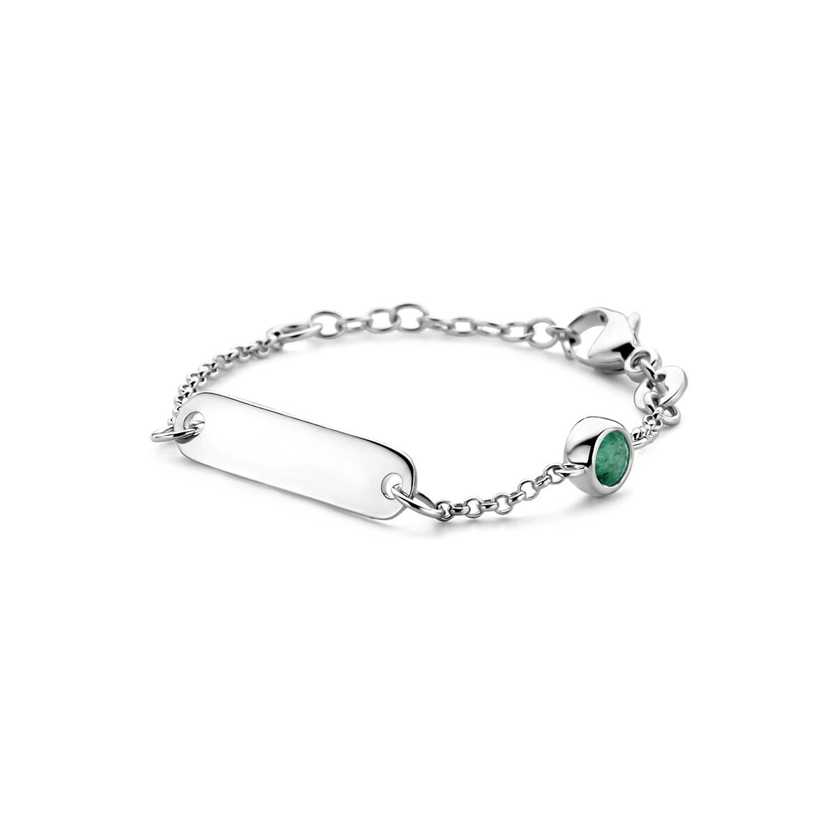 Gravurarmband aus rhodiniertem 925 Silber mit grünem Smaragd und ovalem Plättchen