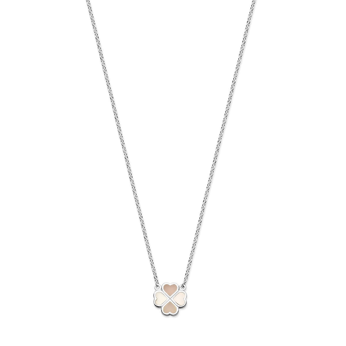 Halskette aus rhodiniertem Silber mit einem Anhänger in Form eines Kleeblatts aus rosa und weißem Perlmutt