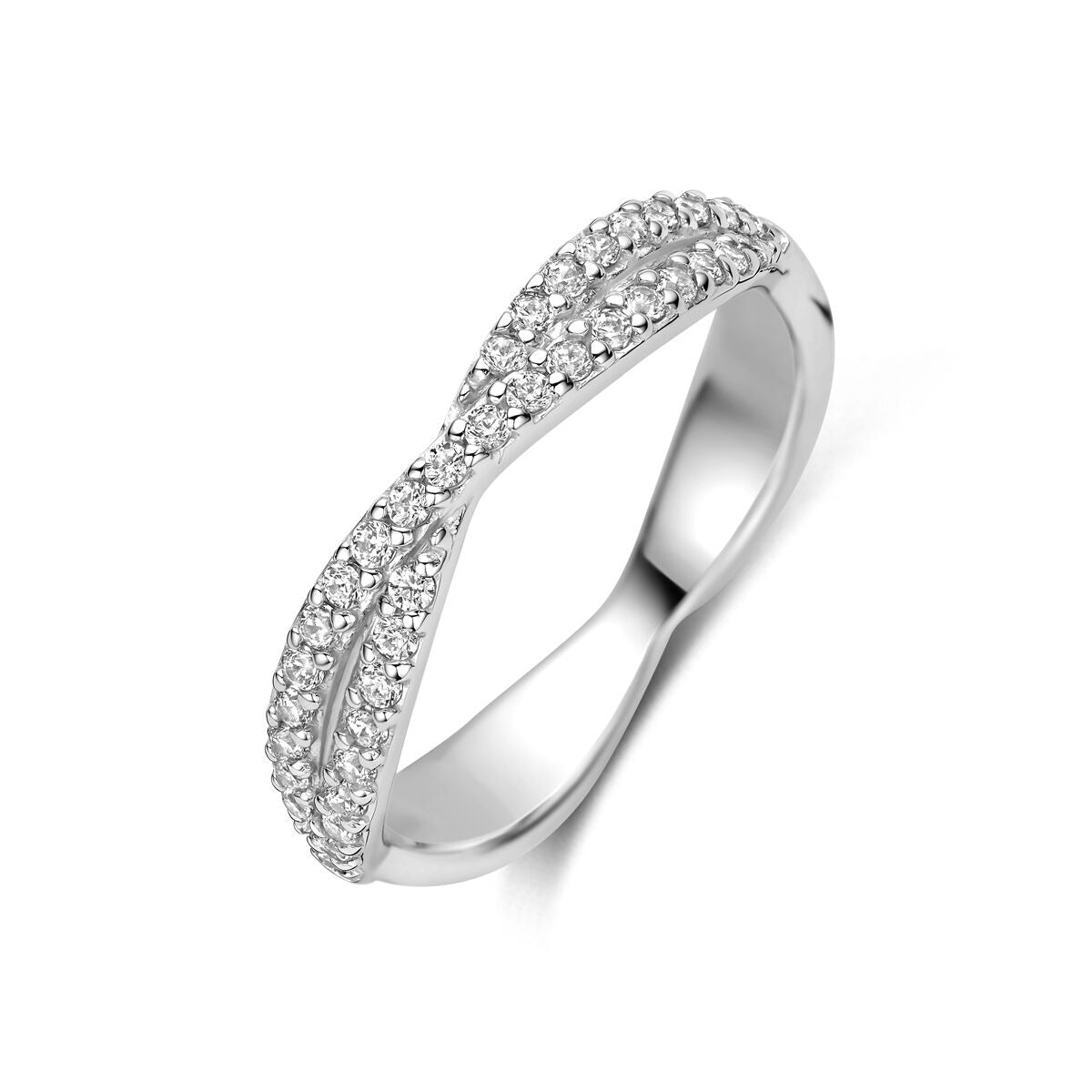Gerhodinierter 925 Silberring mit Zirkonia in geschwungener Form und funkelnden Steinen