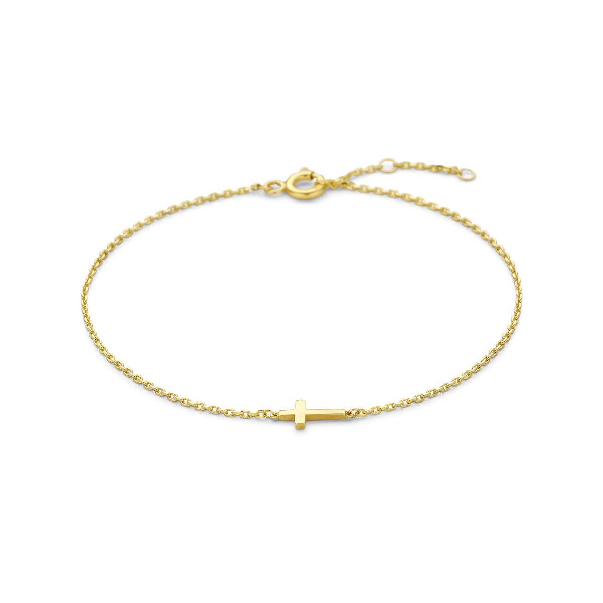 Armband aus 9 Karat Gelbgold mit einem schlichten Kreuzanhänger und feiner Kettengliederung
