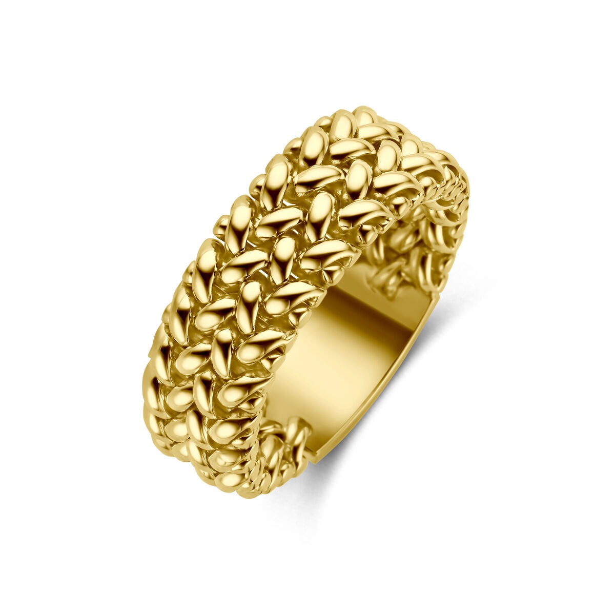 Damenring aus 14k Gelbgold mit strukturiertem, floralem Design und breiter Form