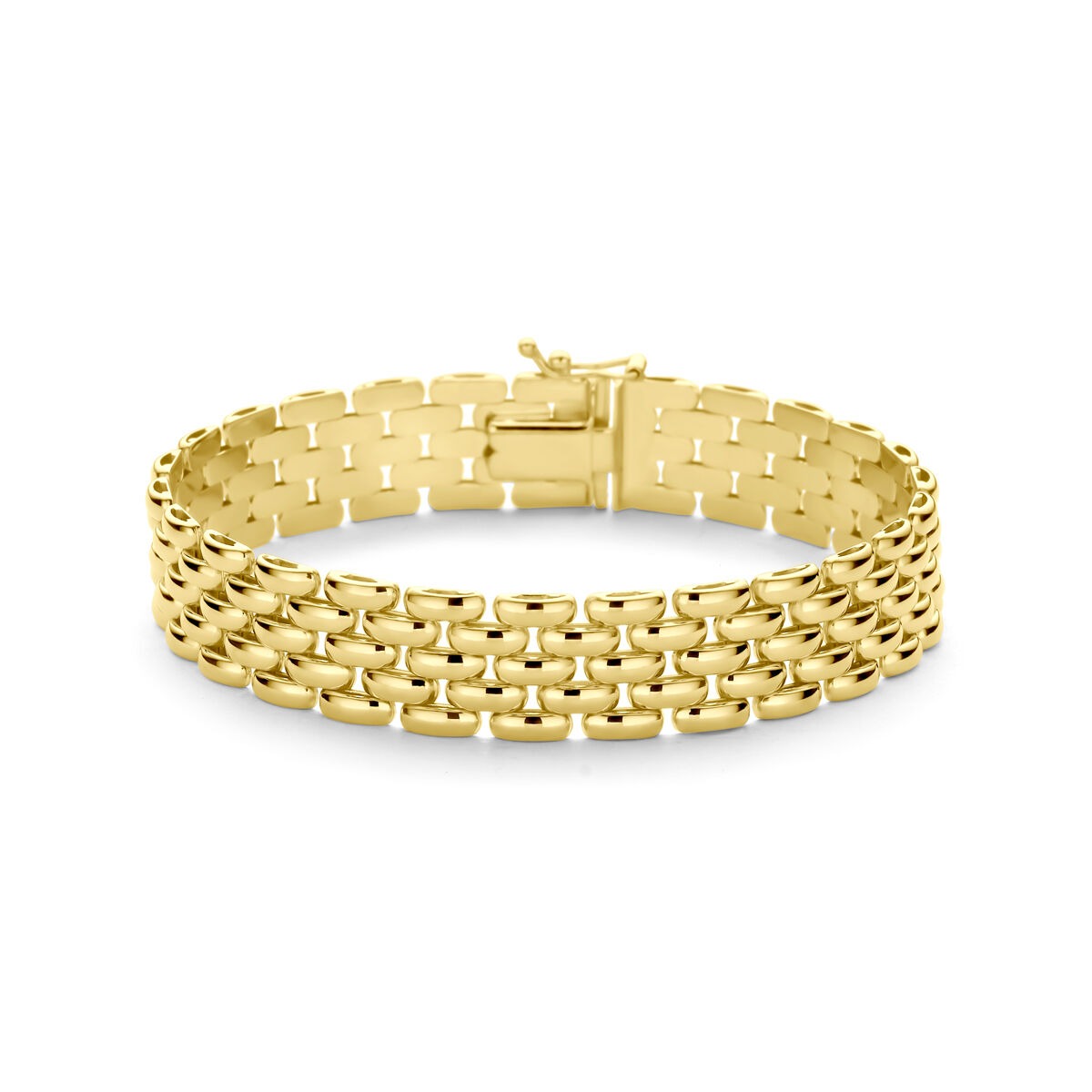 14k gelbgoldene Panterschakelarmband mit glänzender Oberfläche und klassischem Design
