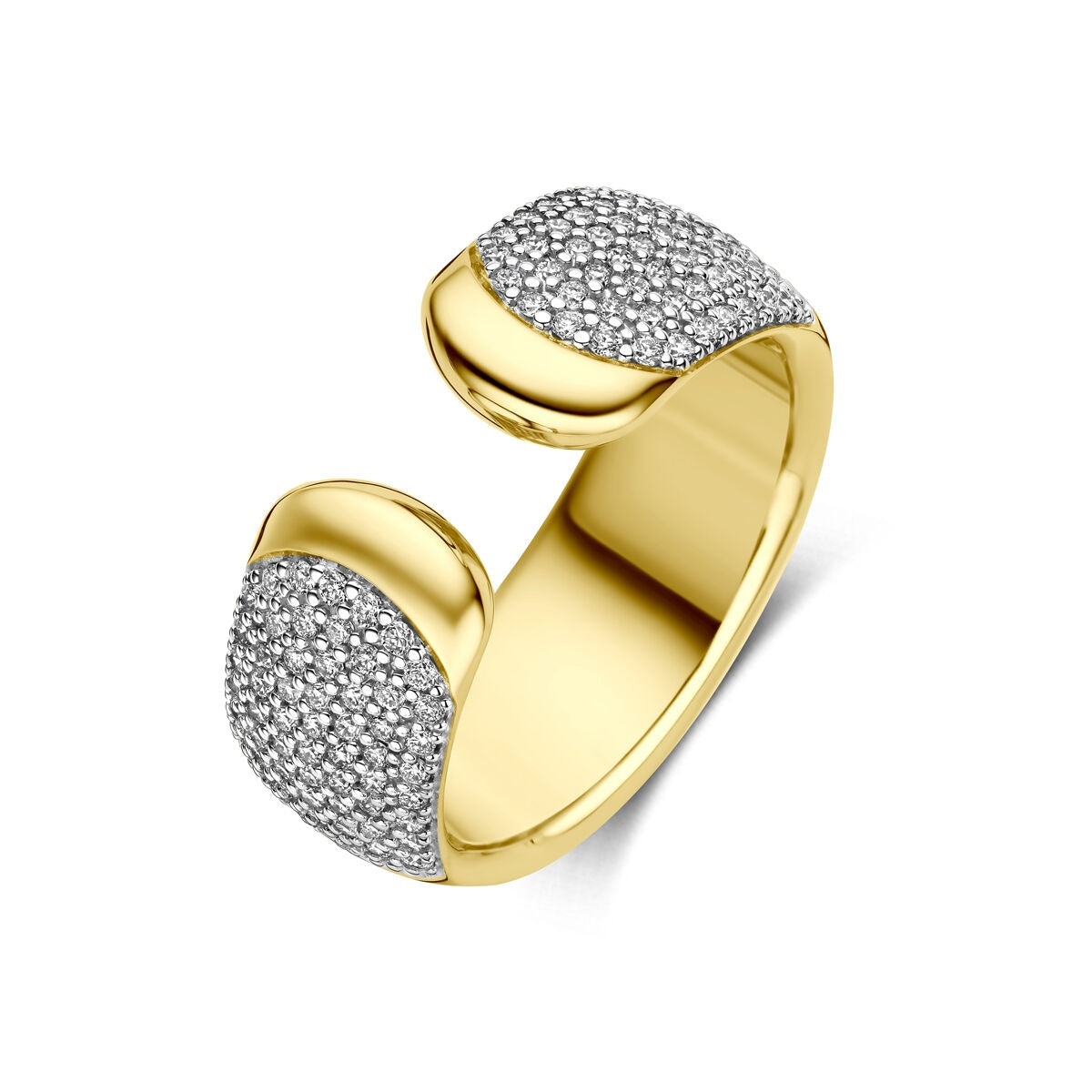 Ring aus 14k Gelbgold mit zwei Enden, besetzt mit kleinen, funkelnden Diamanten