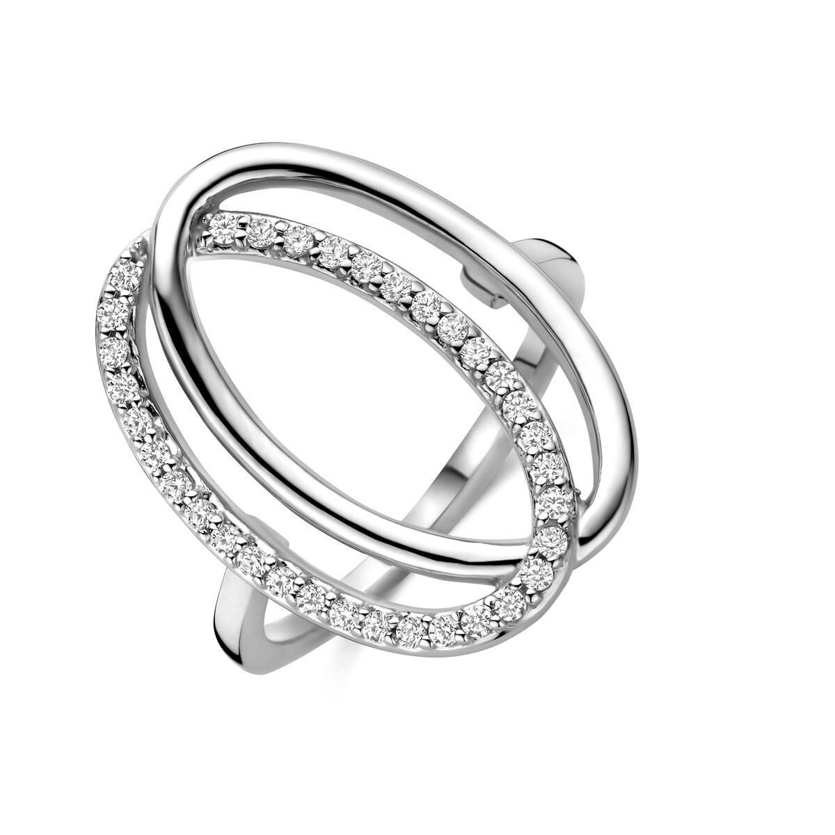Silberner Ring mit Zirkonia in gefasster Anordnung und geschwungenem Design