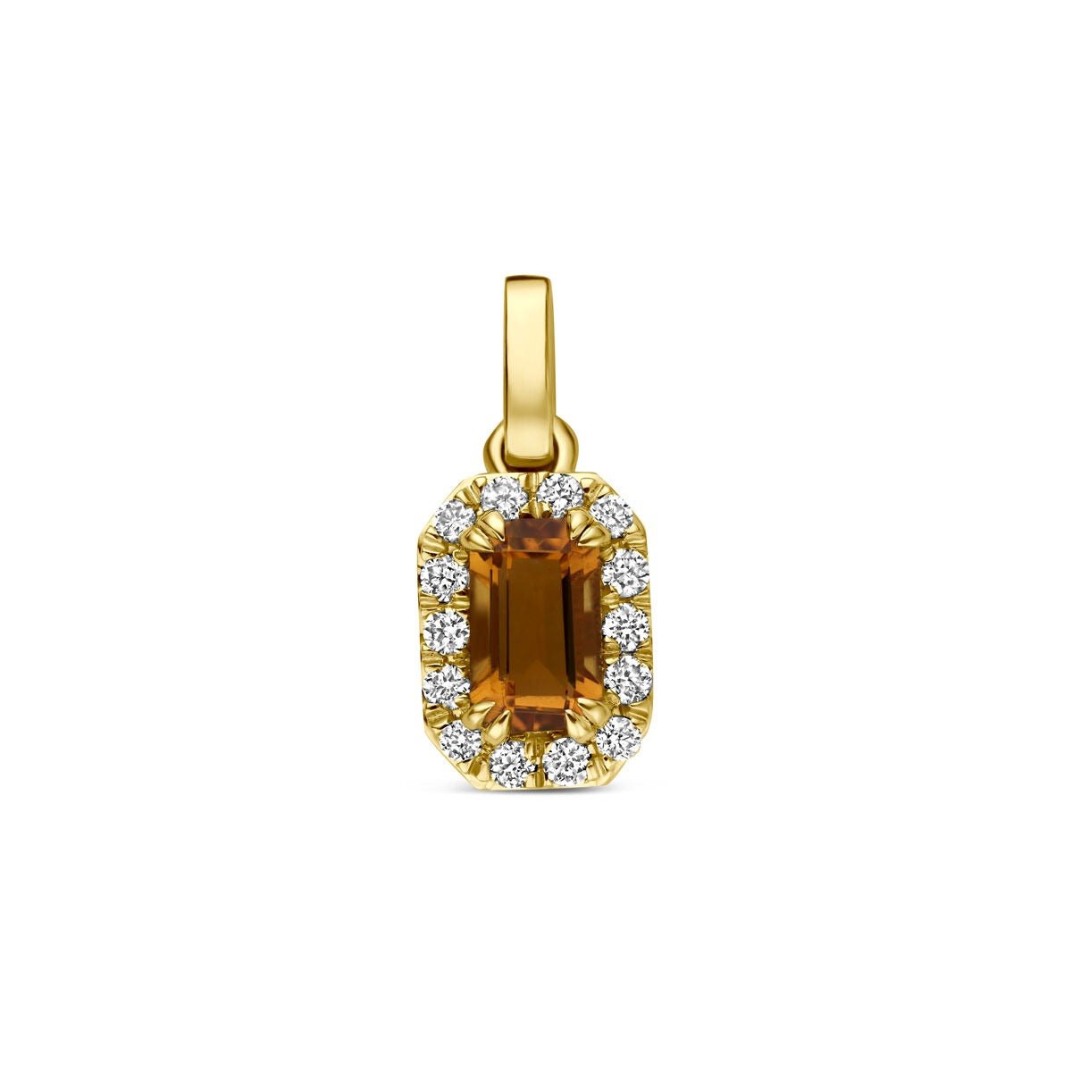 Hänger aus 14k Gelbgold mit einem orangefarbenen Citrin und umgeben von kleinen, weißen lab-grown Diamanten
