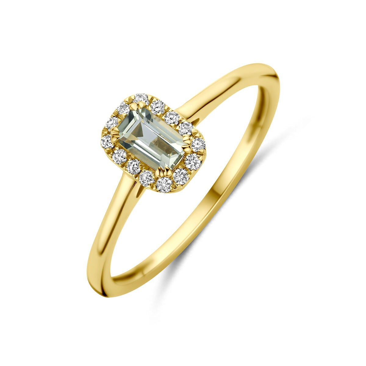 14k Gelbgoldring mit grünem Amethyst und lab-grown Diamanten, rechteckiger Stein umgeben von kleinen Brillanten