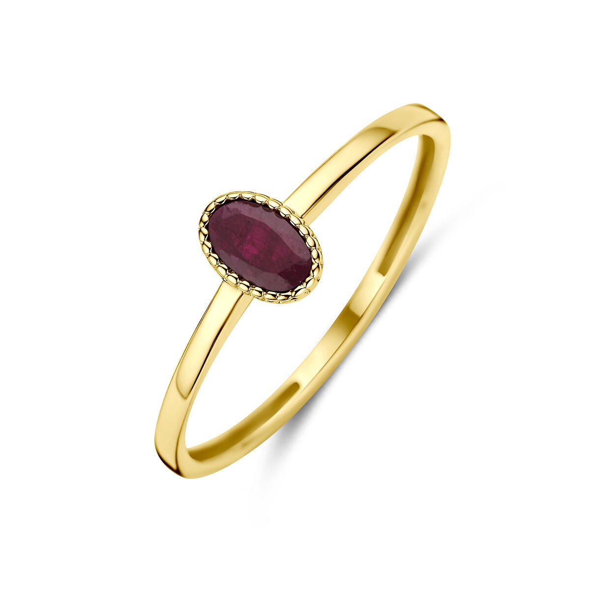 Ring aus 14k Gelbgold mit ovalem, rotem Rubin und feiner Zierkante