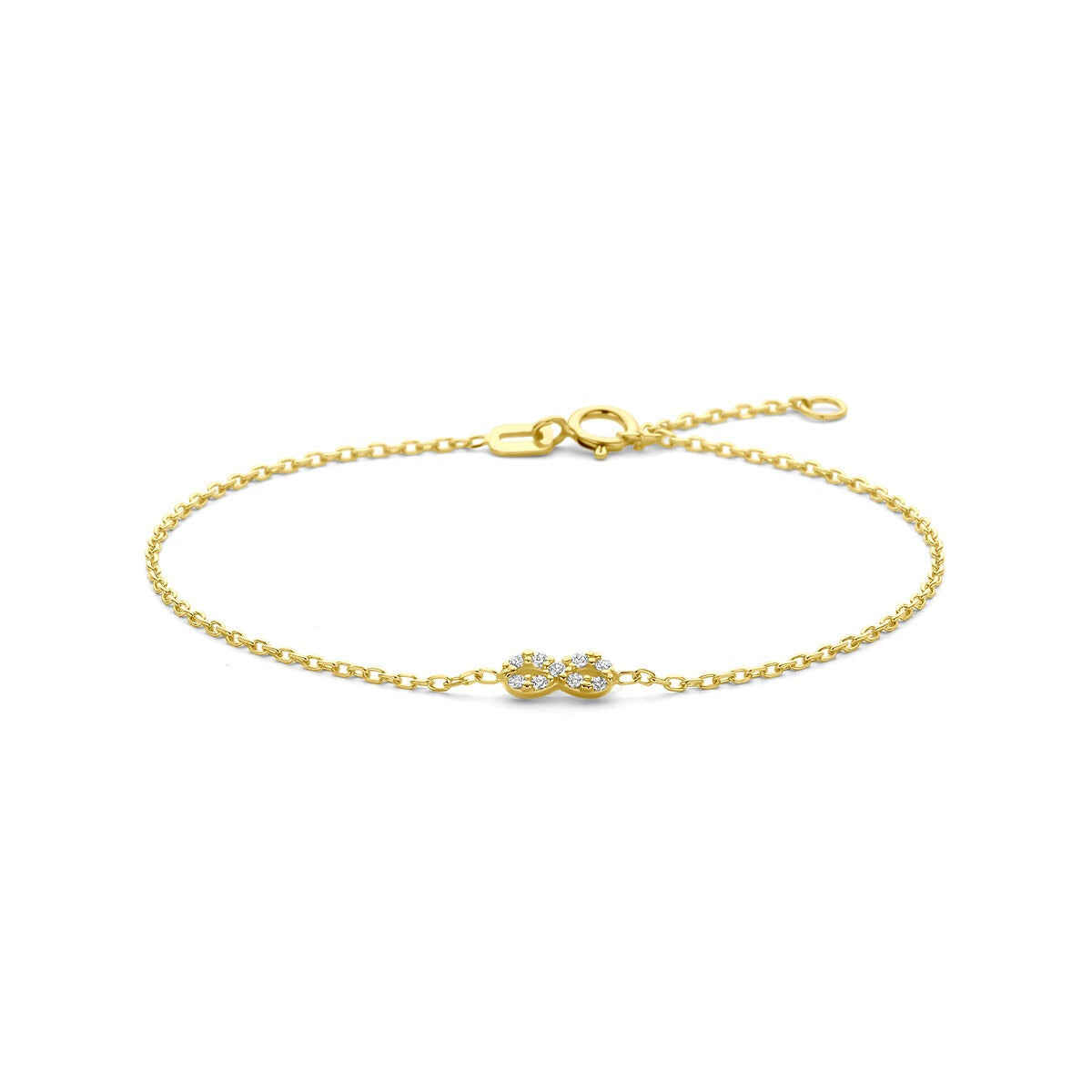 14k gelbgoldene Infinity-Armband mit Zirkonia und feiner Gliederkette