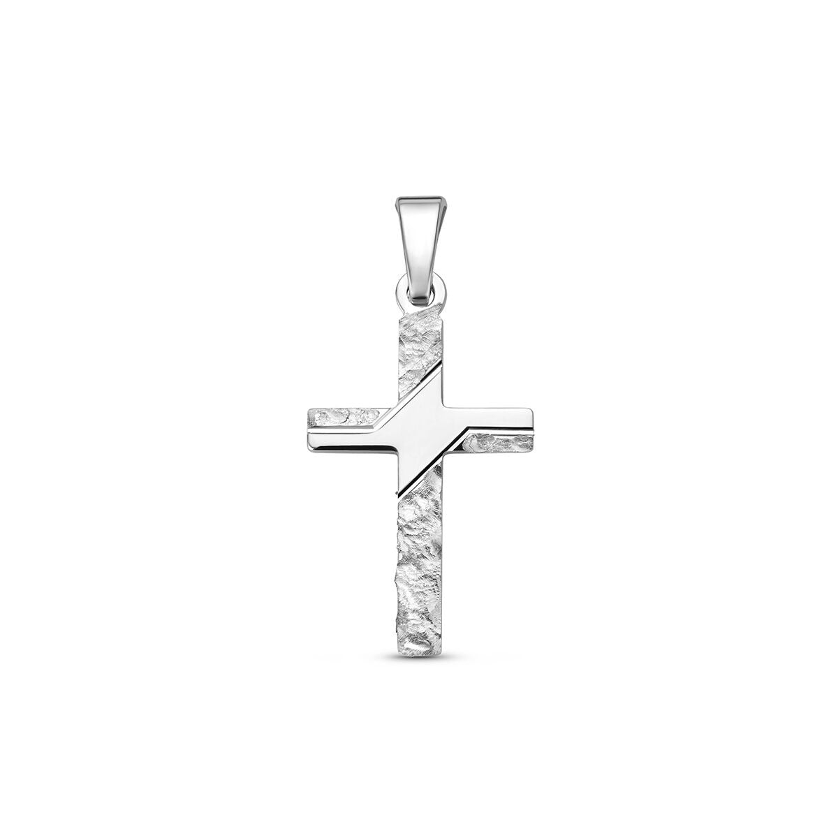 Kreuzanhänger aus rhodiniertem 925 Silber mit glänzender und strukturierter Oberfläche
