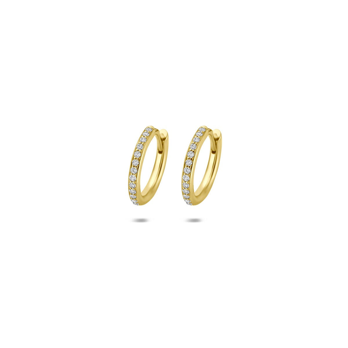 14k gelbgoldene Klappohrringe mit Diamanten in einer Reihe auf der Vorderseite