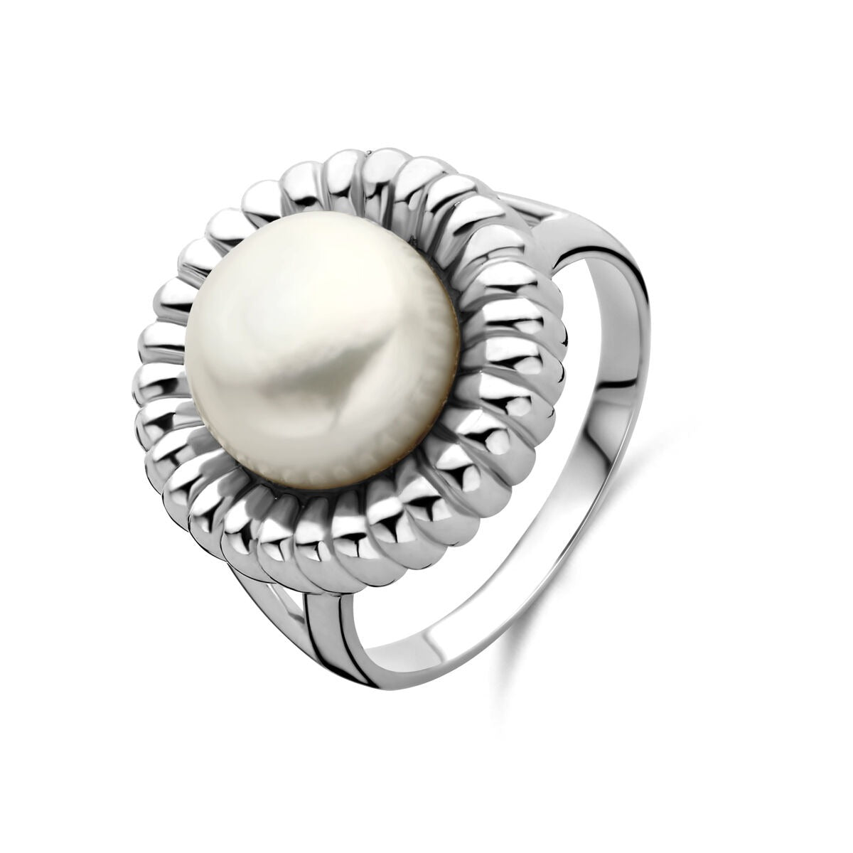 Ring aus rhodiniertem Silber mit einer runden, weißen Perle und gewelltem Design