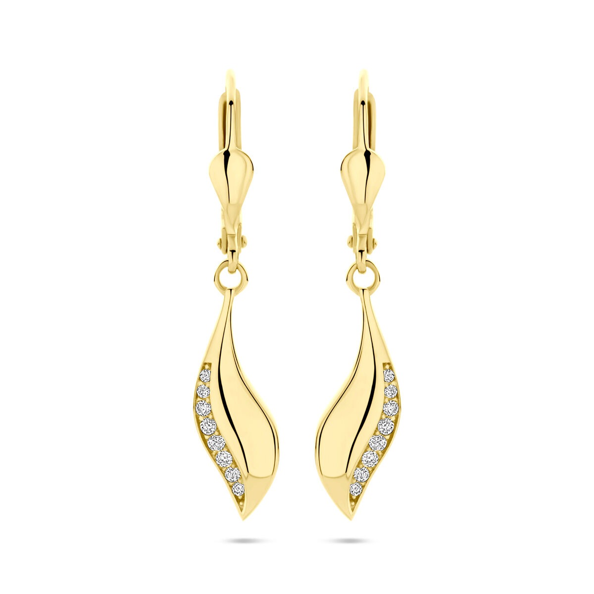 14k goldene Ohrhänger mit Zirkonia, 32 mm hoch, in geschwungener Form mit funkelnden Steinen
