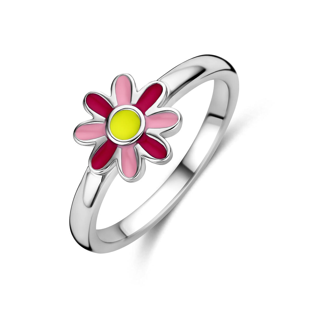 Kinderring aus rhodiniertem 925 Silber mit emaillierter Blume in Pink und Gelb
