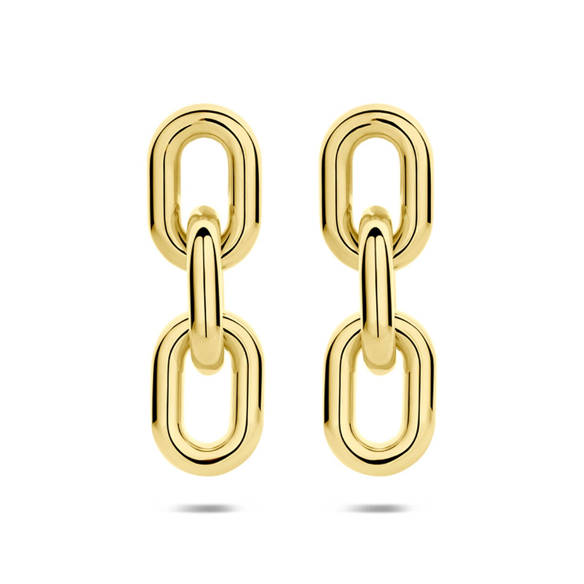 Goldfarbene Stahlohrringe mit zwei ovalen Gliedern, 65 mm lang